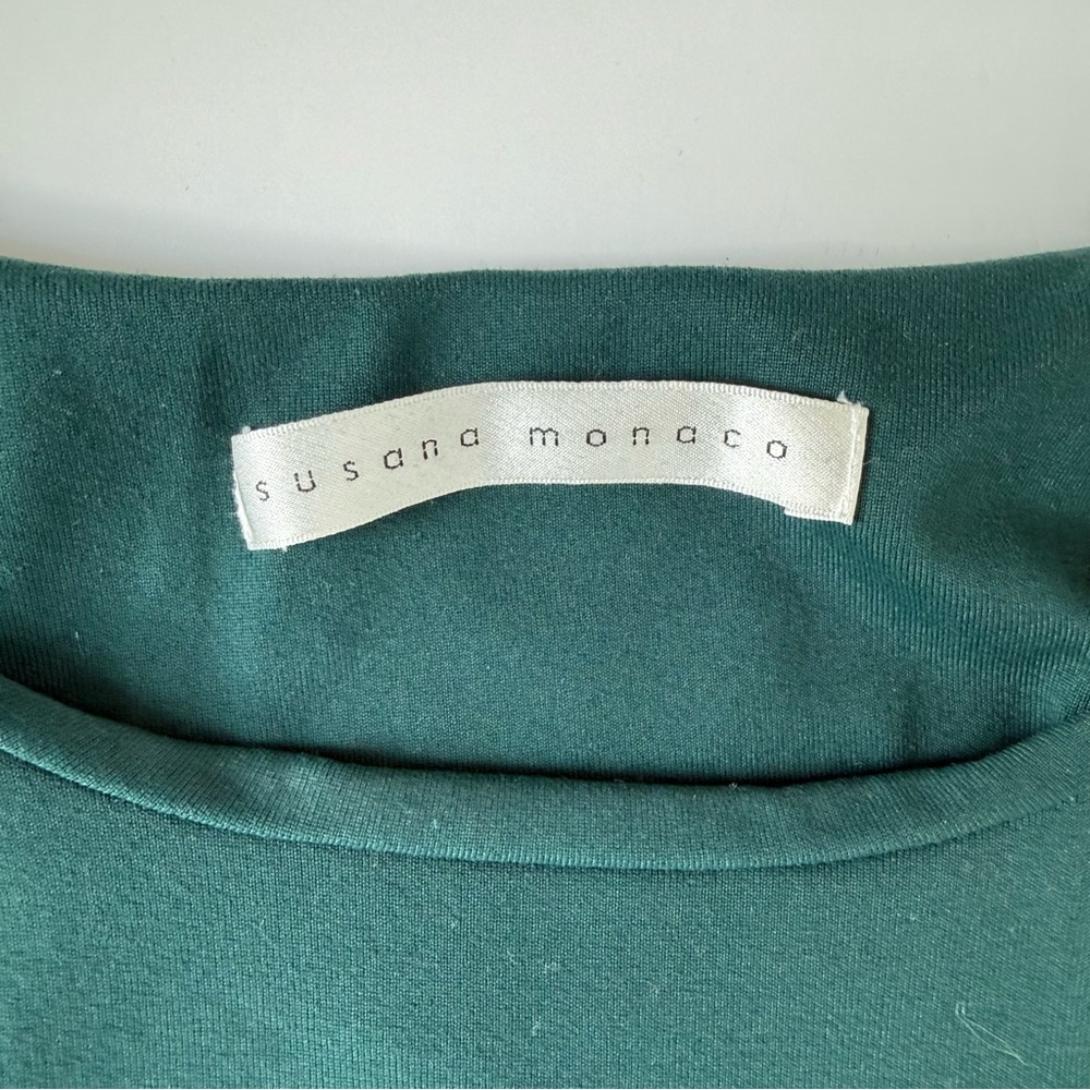 Susana Monaco Emerald Green Ruched Dress XS Boat Neck 3/4 Sleeve - Picture 2 of 4